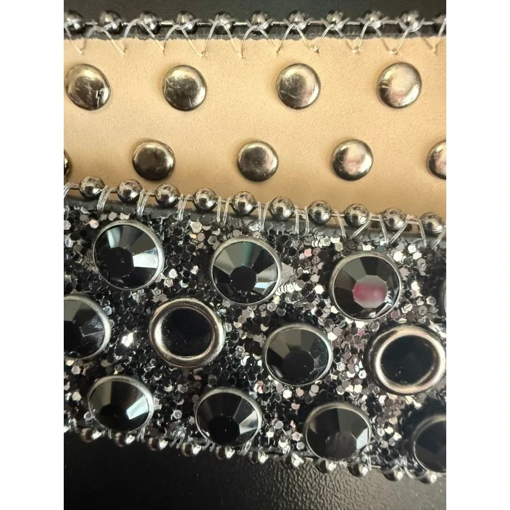 Western Rhinestone Glitter Belt Black Silver Studded Bling 48 Inch Large Buckle